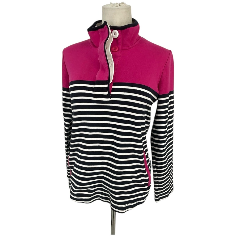 ORLY Pink Black White Stripe Mock Neck 1/4 Zip Pullover Sweatshirt Women S‎